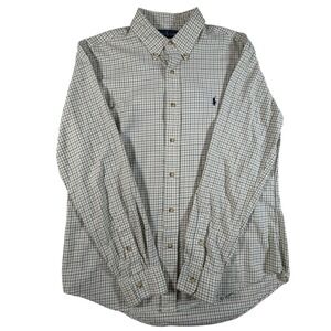 Ralph Lauren Custom Fit Tattersall Check Button Down Shirt Cream Navy Mens L